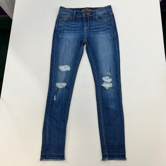Enjean Womens Blue Regular Fit Medium Wash Distressed Skinny Leg Jeans Size 3 - Picture 1 of 8